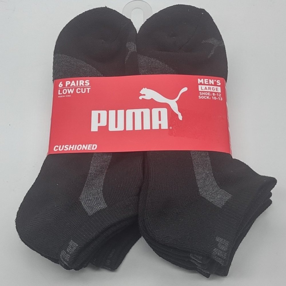 Puma men’s low cut crew socks cushioned black 6 pack size 8-12
